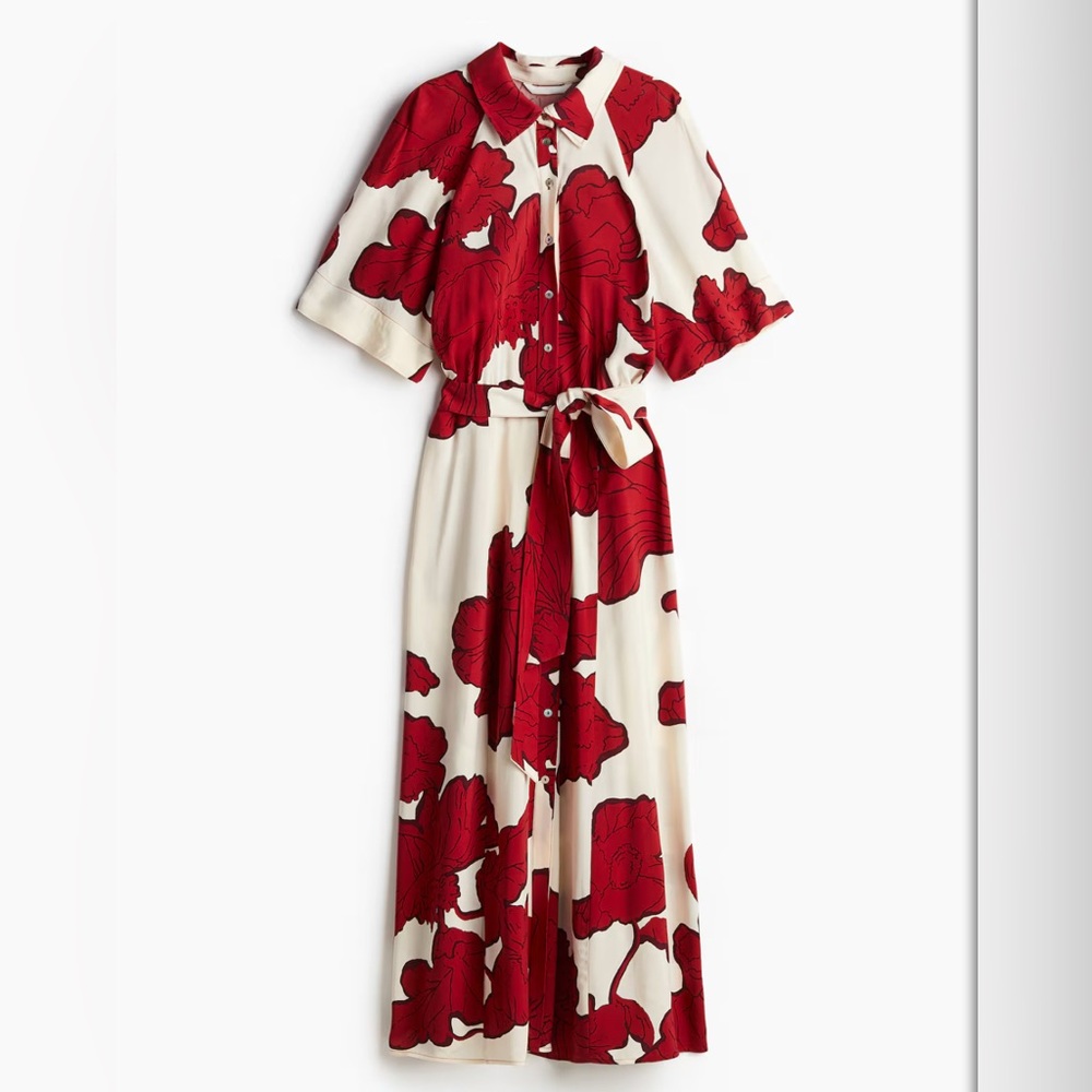 H&M Red and Beige Floral Midi Shirt Dress